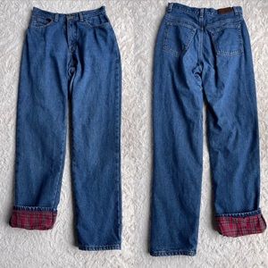 LL Bean flannel lined mom jeans original relaxed fit red plaid cotton denim 8
